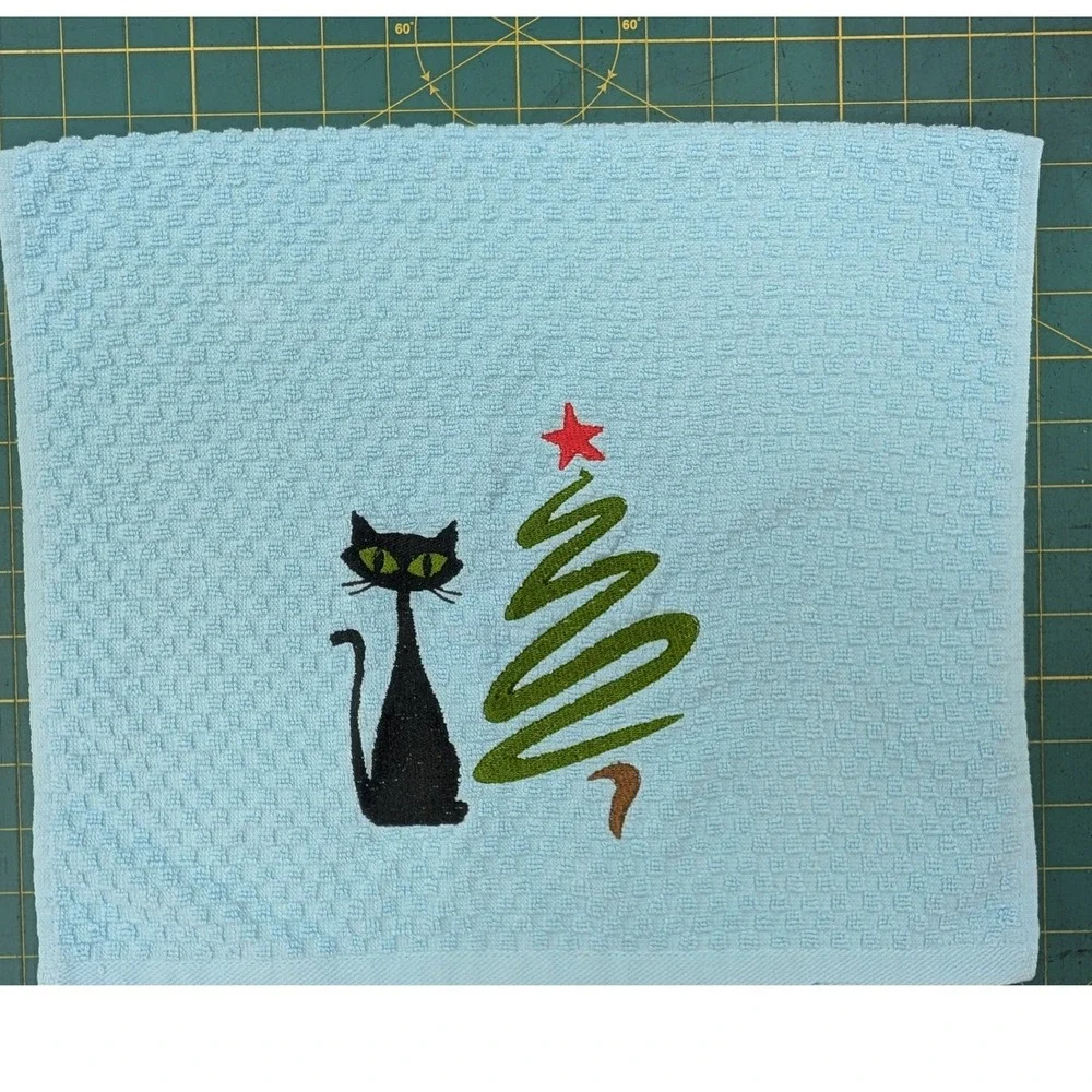 Christmas Swirl Tree Retro Cat Mid Century Modern Atomic Kitchen Bath Hand Towel